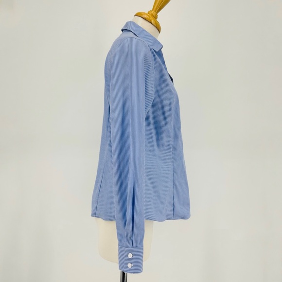 Anne Klein Blue and White Pinstriped Non-Iron Long Sleeve Button Down Top, Small - Picture 8 of 16